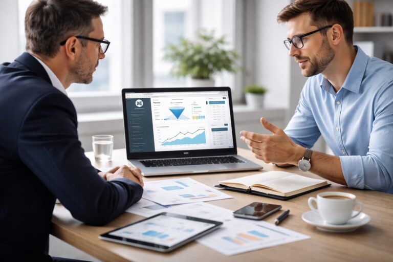 Réunion d'affaires avec données analytiques sur ordinateur portable