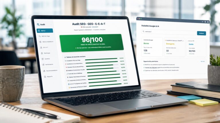 Un ordinateur portable affichant un tableau de résultats d'audit SEO avec un score de 96/100 et des graphiques.