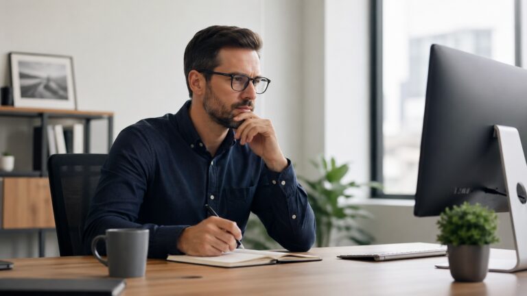 Homme en chemise sombre, portant des lunettes, réfléchissant devant un ordinateur sur un bureau en bois.