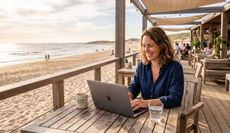 Femme souriante travaillant sur un ordinateur portable sur une terrasse en bois, vue sur la plage et la mer.