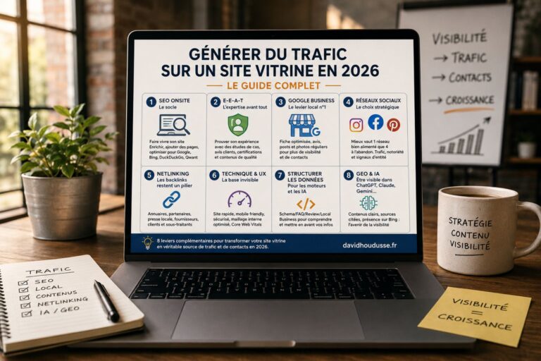 Écran d'ordinateur affichant un guide sur le trafic web en 2026, avec des icônes et des conseils, sur un bureau.